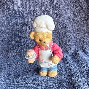 Cherished Teddies. Chef Bear Figurine with Hamburger Pink White Blue
